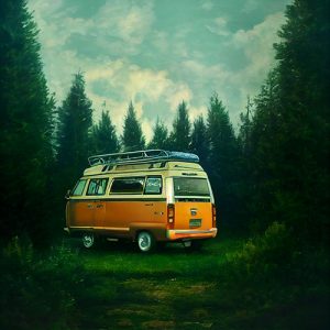 Orange camper in the forest
