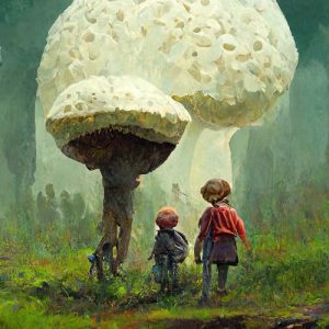 Children in a mushroom forest
