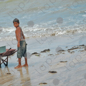 Children with wheelbarrow on the seashore