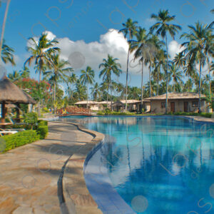 Landscape of resort pools and cabins