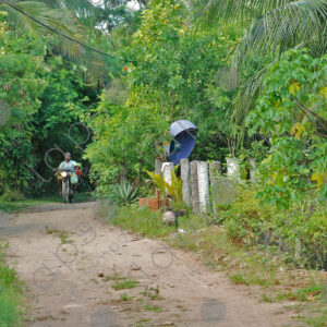 Motorcyclist comes on rustic road