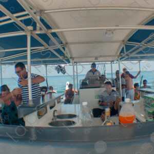 Party on a yacht, with crew and tourists