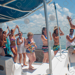 Party on a yacht, with crew and tourists
