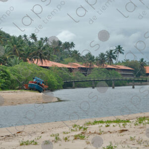 River landscape with bridge and hill with palm trees
