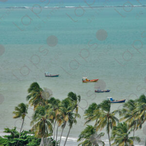 Seven boats in turquoise sea